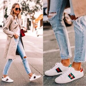 Gucci Ace Bee Embroidered Sneakers White leather Web Stripe Size EU 39.5 US 9.5